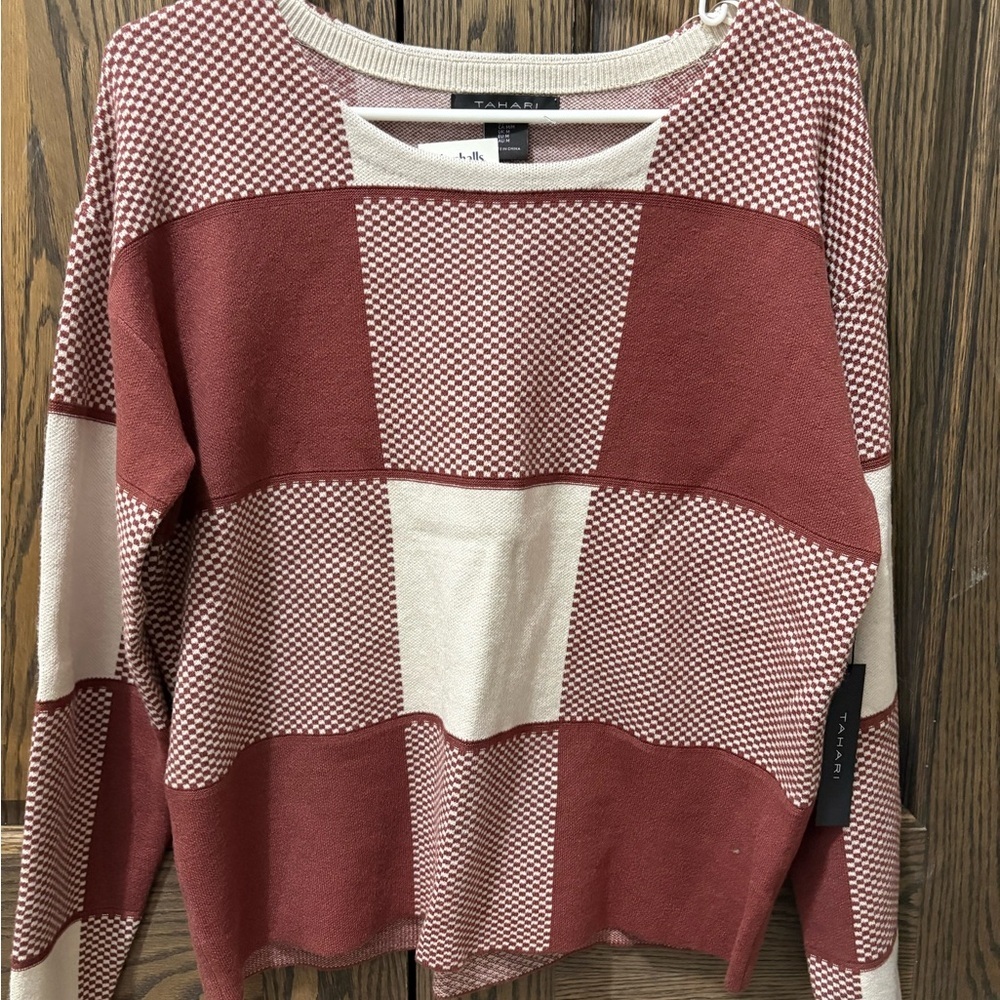 Tahari maroon and Cream Checkered Sweater